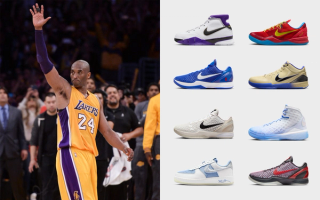 Kobe Bryant at his final NBA game in 2016. Photo by Robert Hanashiro/USA Today Sports; eight pairs of Nike Kobe sneakers restocking on Nike SNKRS.