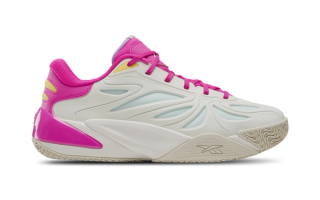 Barbie x Reebok Angel Reese 1 collaborative basketball shoe in a "Chalk/Pink/Purple" color scheme.