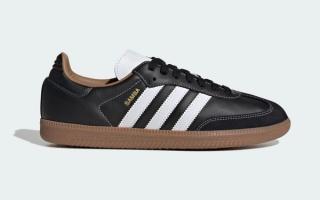 JJJJound-reminiscent Adidas Samba in a "Core Black/Footwear White/Timber" color scheme.