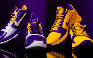 Two Player-Exclusive (PE) Nike Kobe 5 Protro pairs for the LSU Tigers Basketball Team.