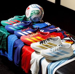 Six pairs of the adidas Adizero Evo SL running shoe seemingly inspired by footballing countries—including Mexico, Argentina, Italy, Japan, Germany, Spain.
