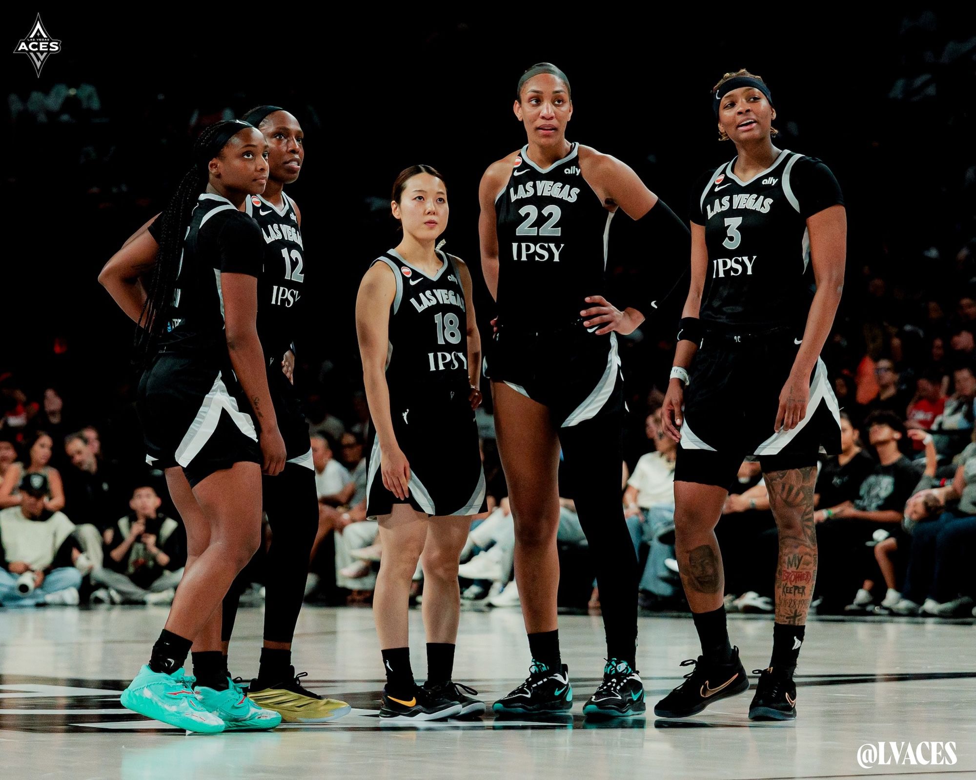 A'ja Wilson of the Las Vegas Aces wearing a Danny Phantom-inspired Nike A'Two basketball shoe. Photo via Las Vegas Aces.