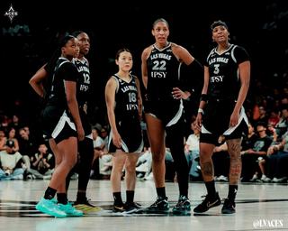 A'ja Wilson of the Las Vegas Aces wearing a Danny Phantom-inspired Nike A'Two basketball shoe. Photo via Las Vegas Aces.