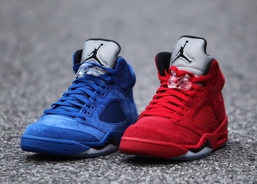 Jordan 5 red and blue suede on sale