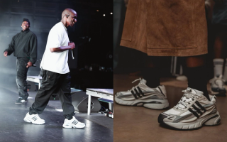Malice from Clipse wears the Adidas Adistar Jellyfish in a white, grey, and black color scheme.