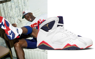 Michael Jordan wearing the original Air Jordan 7 "Olympic" in 1992. Photos by  Andrew D. Bernstein/NBAE via Getty Images, Flight Club.