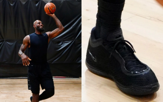 LeBron James wear-testing a blacked-out sample of the Nike LeBron 24 basketball shoe. Photos by @bigb.media via @chrisjohnsonhoops on Instagram.