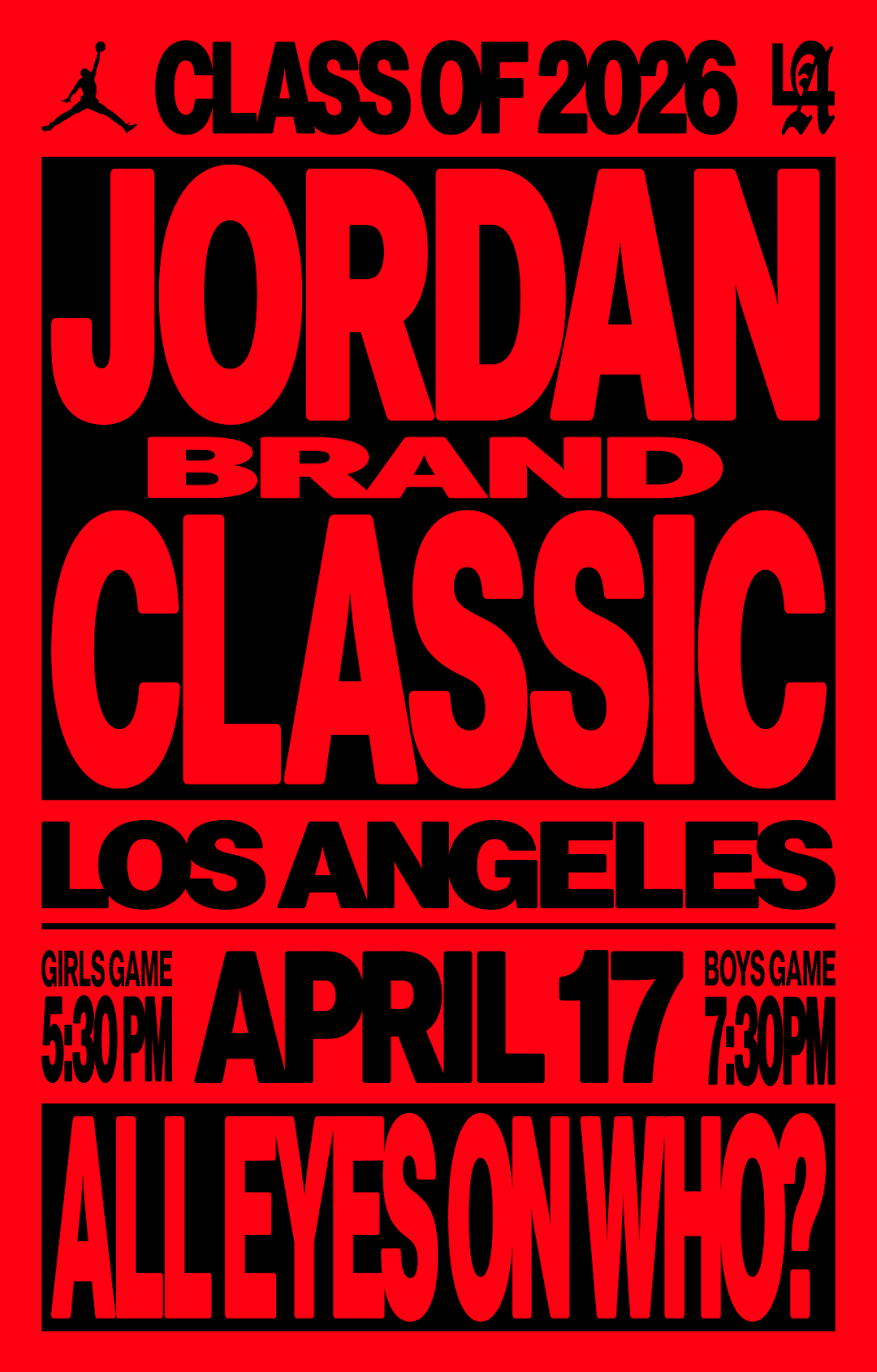 Poster for the 2026 Jordan Brand Classic high school basketball showcase, taking place on April 17, 2026 at El Camino Junior College in Torrance, California.