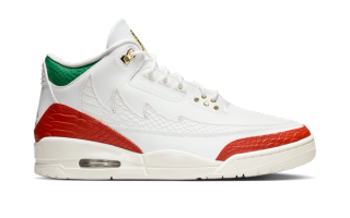 Air Jordan 3 OG "El Vuelo," a retro clad in "Summit White/Metallic Gold/Pine Green/Dragon Red/Sail" colors inspired by Mexico's lucha libre tradition.