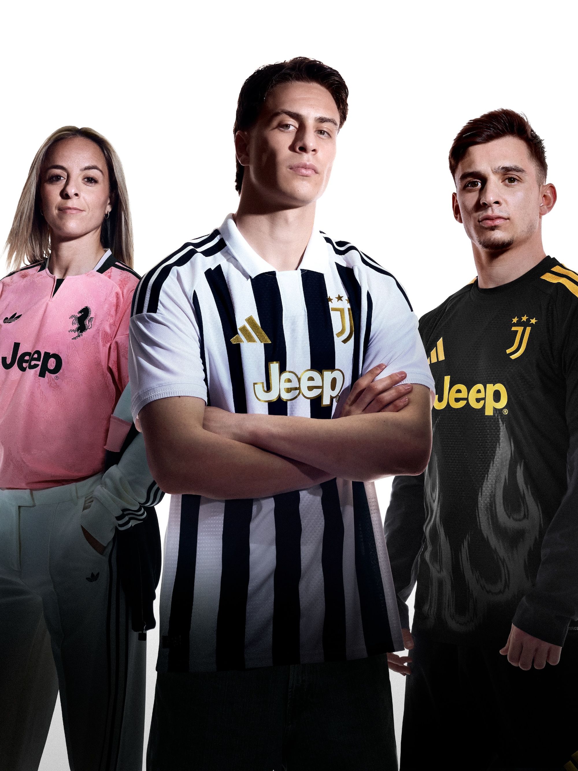 Martina Rosucci, Kenan Yıldız & Francisco Conceição wearing Juventus FC's Away, Home & Third Jerseys. Photo via adidas.