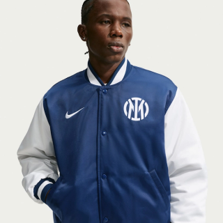 Inter Milan 26/27 Nike Away Dugout Jacket in a "Blue Void/White" color scheme, inspired by baseball jackets.