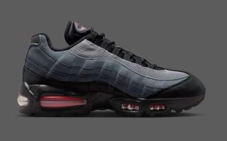 Medial angle of Nike's Air Max 95 in a "Black/Bright Crimson/Anthracite/Iron Grey" color scheme.