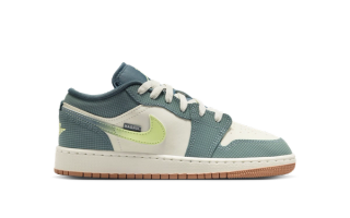 Big Kids'  Air Jordan 1 Low "We Outside" retro in a "Sea Glass/Hasta/Gum Medium Brown/Light Lemon Twist" color scheme.