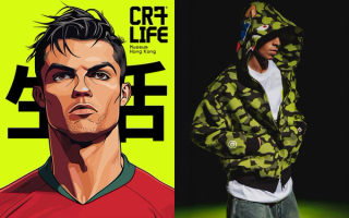 Flyer for the Cristiano Ronaldo CR7® LIFE Museum in Hong Kong next to a commemorative hoodie by BAPE®.