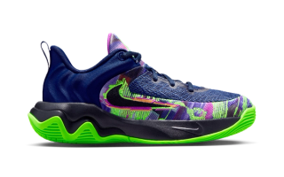 Kids' Nike Giannis Immortality "King of the Court" basketball shoe in a "Blue Void/Green Strike/Vivid Purple/Black" color scheme.