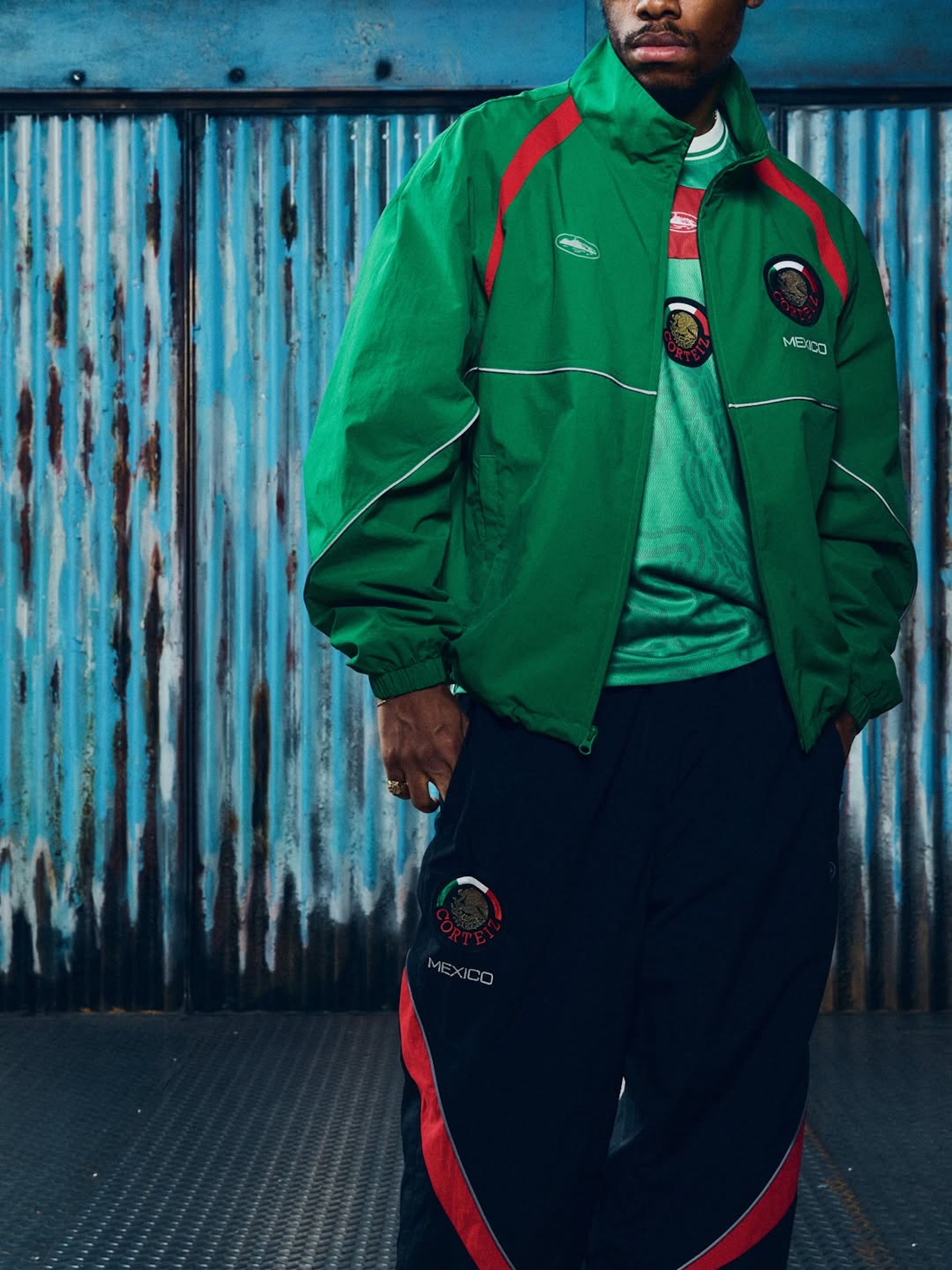 Mexico-inspired tracksuit & jersey combinations by Corteiz. Photo via Corteiz.