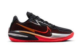 Nike G.T. Cut 1 basketball shoe in a "Black/Bright Ceramic/Chrome/Bright Crimson" color scheme.