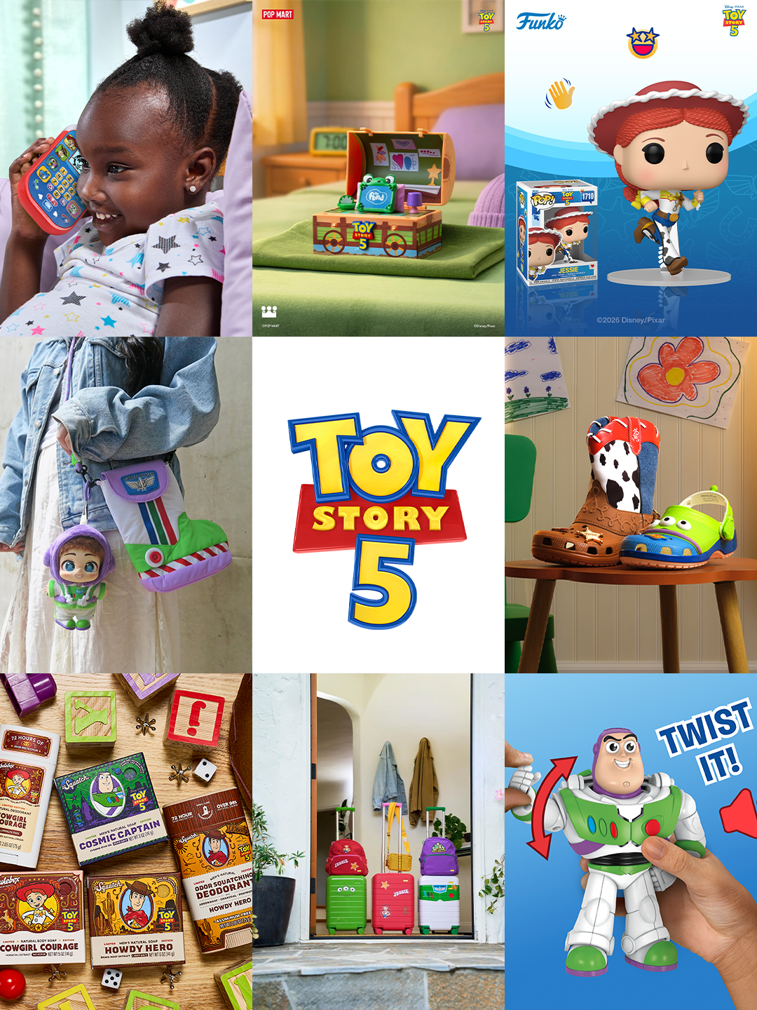 Disney-Pixar's Toy Story 5 product collection, which includes collaborations with Crocs, Dr. Squatch, Away, LeapFrog, LEGO®, Mattel, Hasbro, Pandora™ and more.