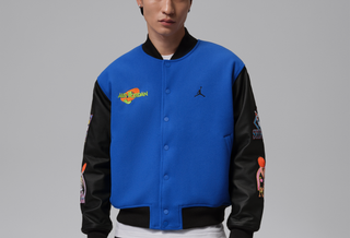 Jordan Flight Space Jam Men's Varsity Jacket "30th Anniversary" release, featuring a "Varsity Royal/Black" color scheme & patches dedicated to the Looney Tunes Squad.