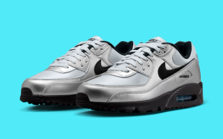 Nike Air Max 90 "Scorpion" (Silver, SKU: IV5974-001) in a silver, black and gamma blue color scheme.