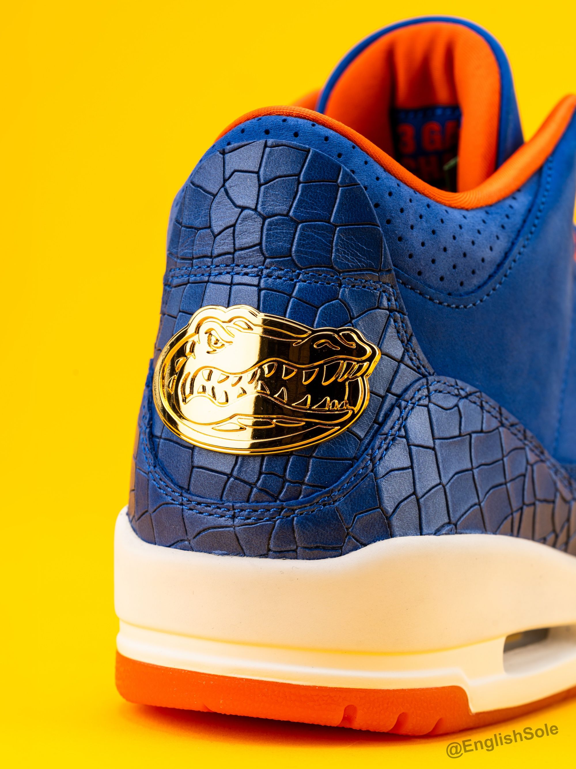 Air Jordan 3 P.E. gifted to the Florida Gators Men's Basketball Team for winning the NCAA 2024-2025 Championship. Photo via Instagram user @EnglishSole.