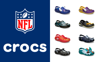 Eight (8) different NFL x Crocs Classic Clog pairs inspired by the Philadelphia Eagles, Kansas City Chiefs, and other teams.