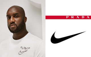 Virgil Abloh next to a logo lockup for the unrealized Prada Linea Rossa collaboration with Nike.