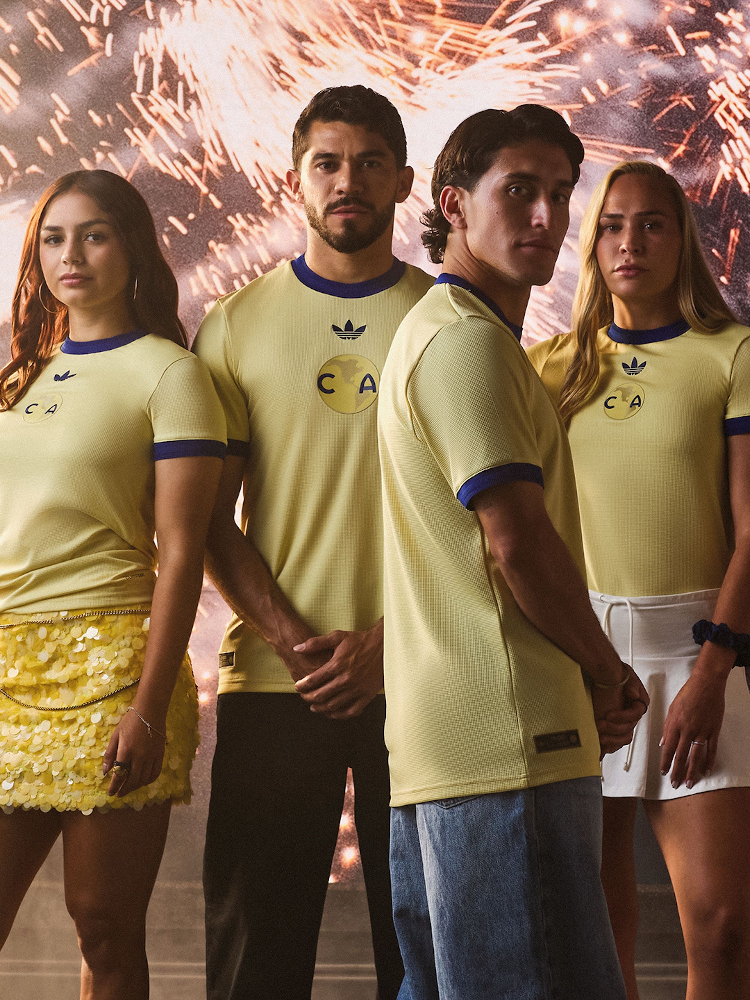 Players from Mexico's Club América football club wearing the club's 110th Anniversary Jersey by adidas.