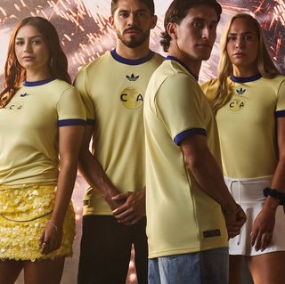Players from Mexico's Club América football club wearing the club's 110th Anniversary Jersey by adidas.