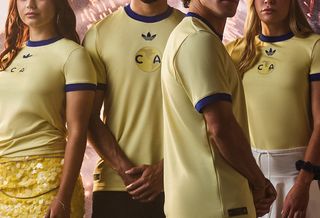 Players from Mexico's Club América football club wearing the club's 110th Anniversary Jersey by adidas.