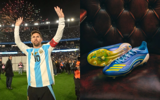 From left: Lionel Messi in Argentina's 2025 Home Jersey, the Adidas F50 Elite FG "VIS10N" collaboration.