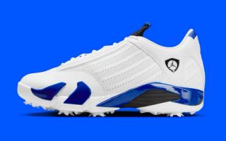 Air Jordan 14 Golf shoe in a "White/Hyper Royal/Black" color scheme.