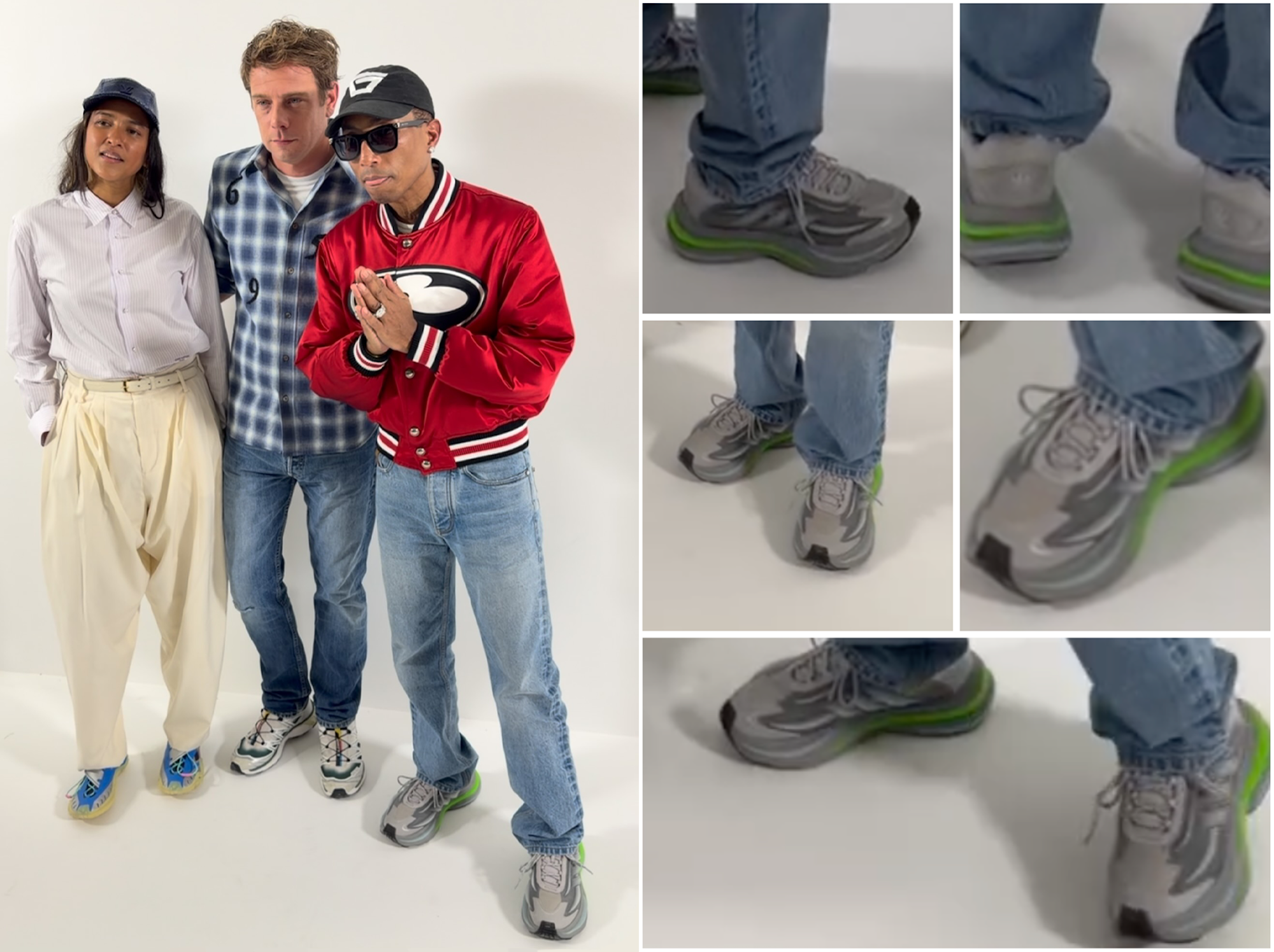 Pharrell Williams behind-the-scenes at the Dior Summer 2027 Women's Show while wearing a grey & green adidas VIRGINIA sneaker that could be the Adistar Jellyfish V2. Screenshots via @tianweizhang on Instagram.