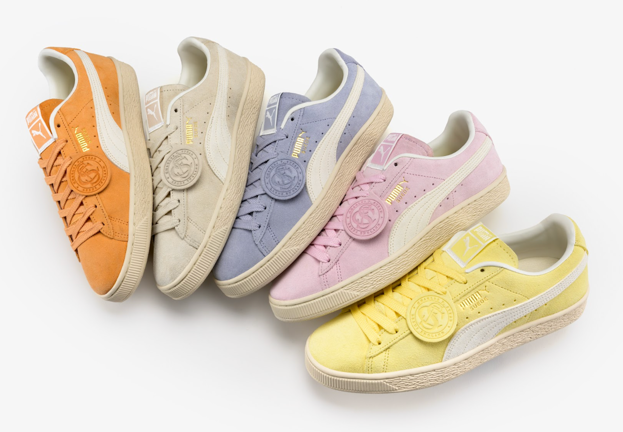 Five pastel PUMA Suede pairs made with premium suede by Charles F. Stead.
