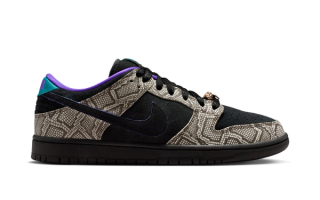 Dashawn Jordan x Nike SB Dunk Low collaboration in a "String/Black/Bright Spruce/Fierce Purple/Dark Russet/Black" color scheme.
