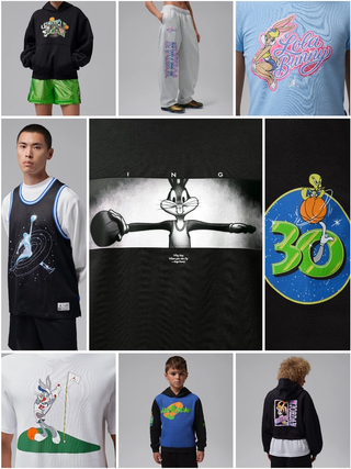 Collage showing nine Jordan Brooklyn & other apparel items commemorating the "Space Jam" 30th anniversary by Jordan Brand.