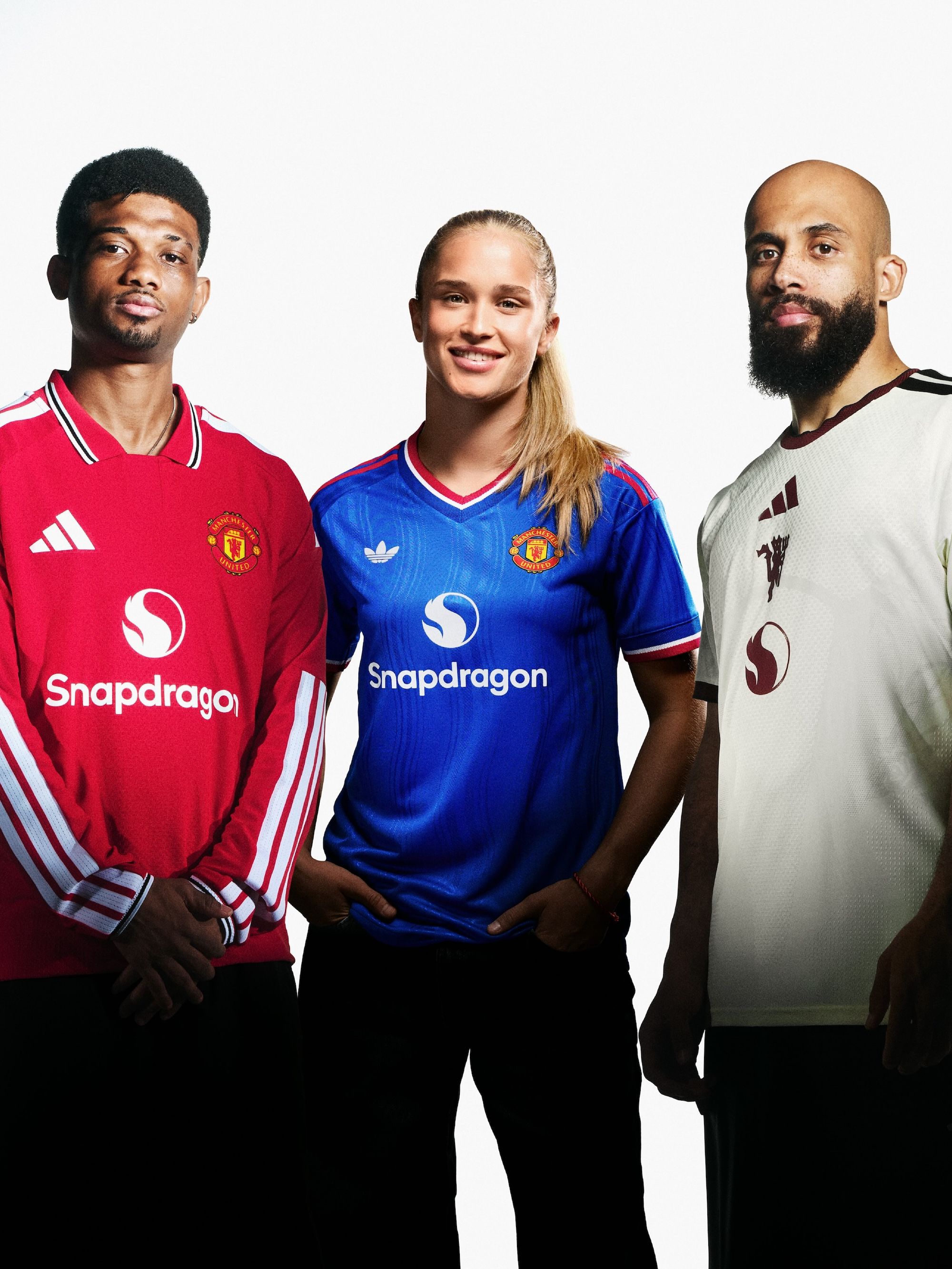 Amad Diallo, Andrea Medina & Bryan Mbeumo wearing Manchester United's Home, Away & Third Jerseys. Photo via adidas.
