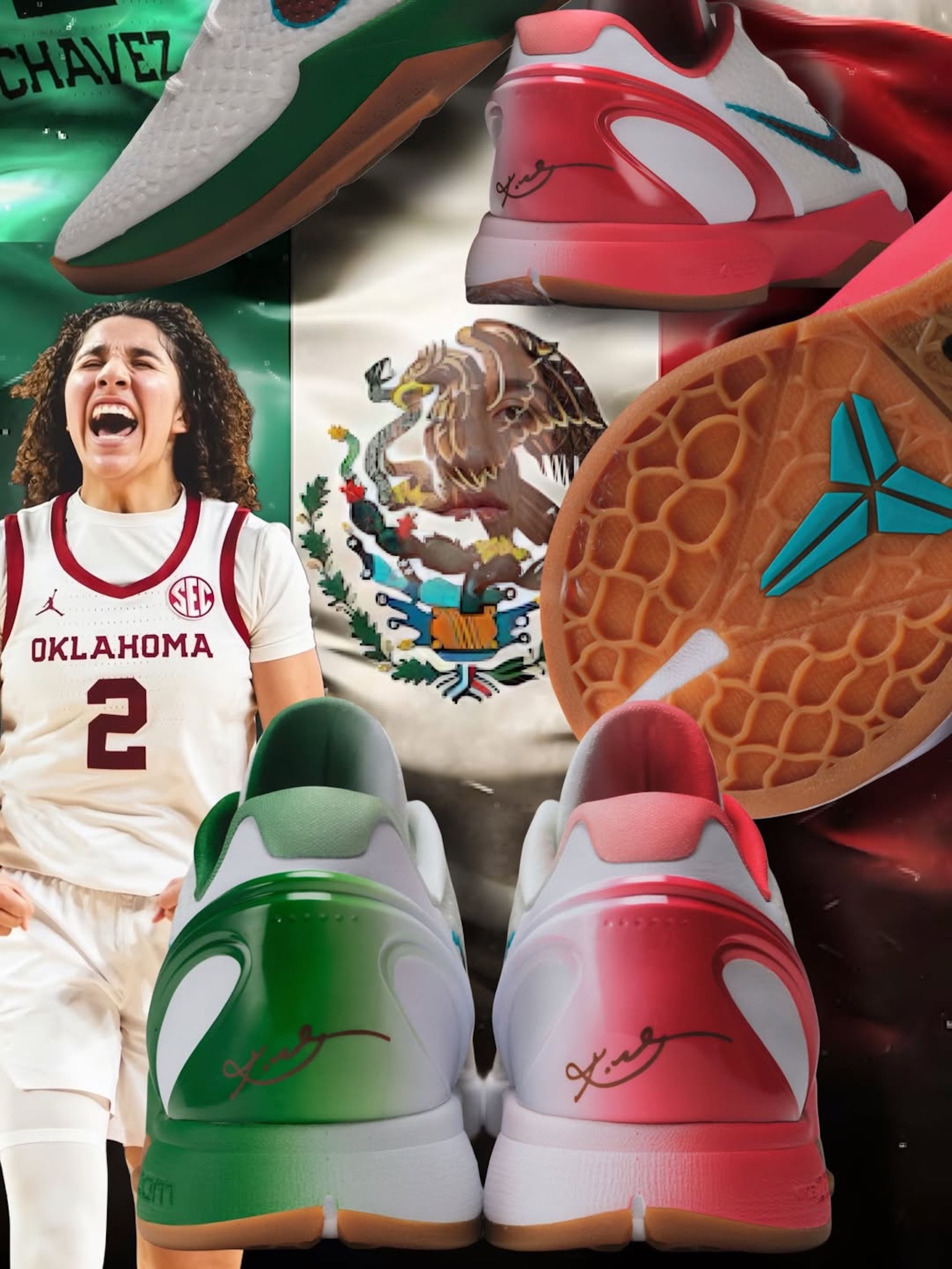 Aaliyah Chavez of Oklahoma Sooners women's basketball teases a Mexico-inspired exclusive Nike Kobe 6 Protro.