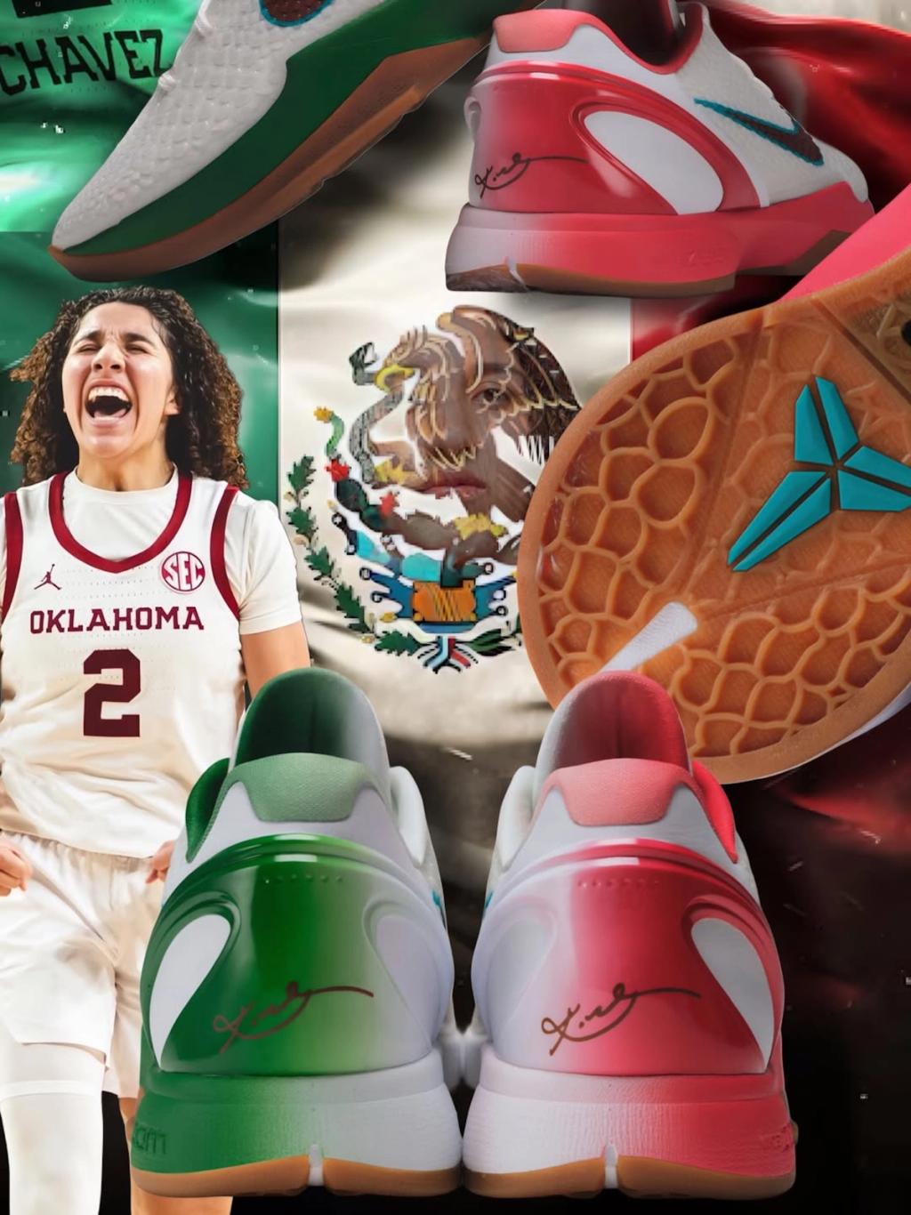 Nike Kobe 6 P.E. in Mexico-inspired colorway worn by Oklahoma Sooners guard Aaliyah Chavez, showcasing cultural design elements on the low-top silhouette.