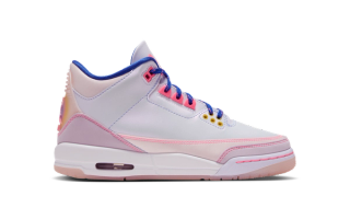 Kids' Space Jam x Air Jordan 3 "Lola Bunny" retro featuring an off white, pink, blue & yellow color scheme, complete with a hangtag inspired by Lola Bunny's fuzzy tail.