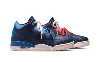 Women's Air Jordan 3 "Sports Renaissance" retro clad in a "Obsidian/Track Red/Blue Beyond/Chalk" color scheme.