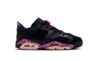 Big Kids' Air Jordan 6 Low "Fearless" retro in a "Black/Pink Foam/Laser Fuchsia" leopard makeover..