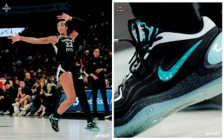 A'ja Wilson of the Las Vegas Aces wearing a Danny Phantom-inspired Nike A'Two basketball shoe.