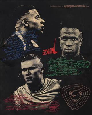 Cactus Jack x Nike Football "Athlete Series" Campaign Graphic featuring Kylian Mbappé, Vini Jr. & Erling Haaland. Photo via Cactus Jack.
