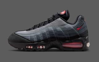 Lateral angle of Nike's Air Max 95 in a "Black/Bright Crimson/Anthracite/Iron Grey" color scheme.