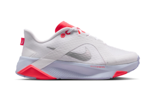 Women's Nike Hybrid RN hybrid training shoe in a "White/Laser Crimson/Football Grey/Metallic Silver" color scheme.