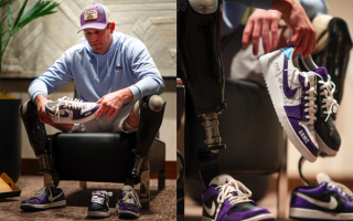 Bram Kohlhausen holding his custom Air Jordan 1 Low OG Golf shoe, developed by Tobie Hatfield.
