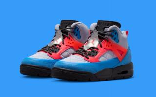Kids' Jordan Spizike Winterized edition in a Spider-Man-reminiscent "Ghost/Photo Blue/Blue Chill/Hot Lava" color scheme.