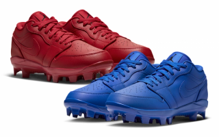 Men's Air Jordan 1 Low MCS Baseball Cleats in tonal "University Red" & "Game Royal" colorways.
