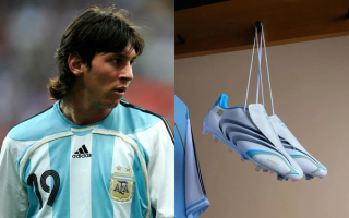 From left: Lionel Messi for Argentina in 2006, the adidas F50 Tunit Elite FG "Argentina" collaboration.